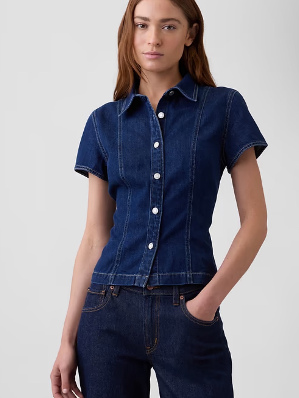 Dark Blue Denim Short-Sleeve Button-Up Top - Fitted Denim Shirt GAP